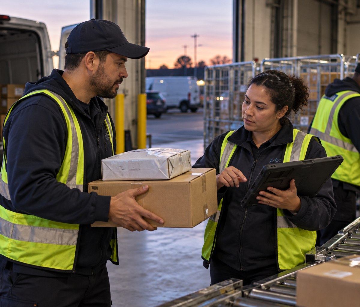 How drivers close a route with unresolved exceptions: handing unresolved parcels to a depot colleague.