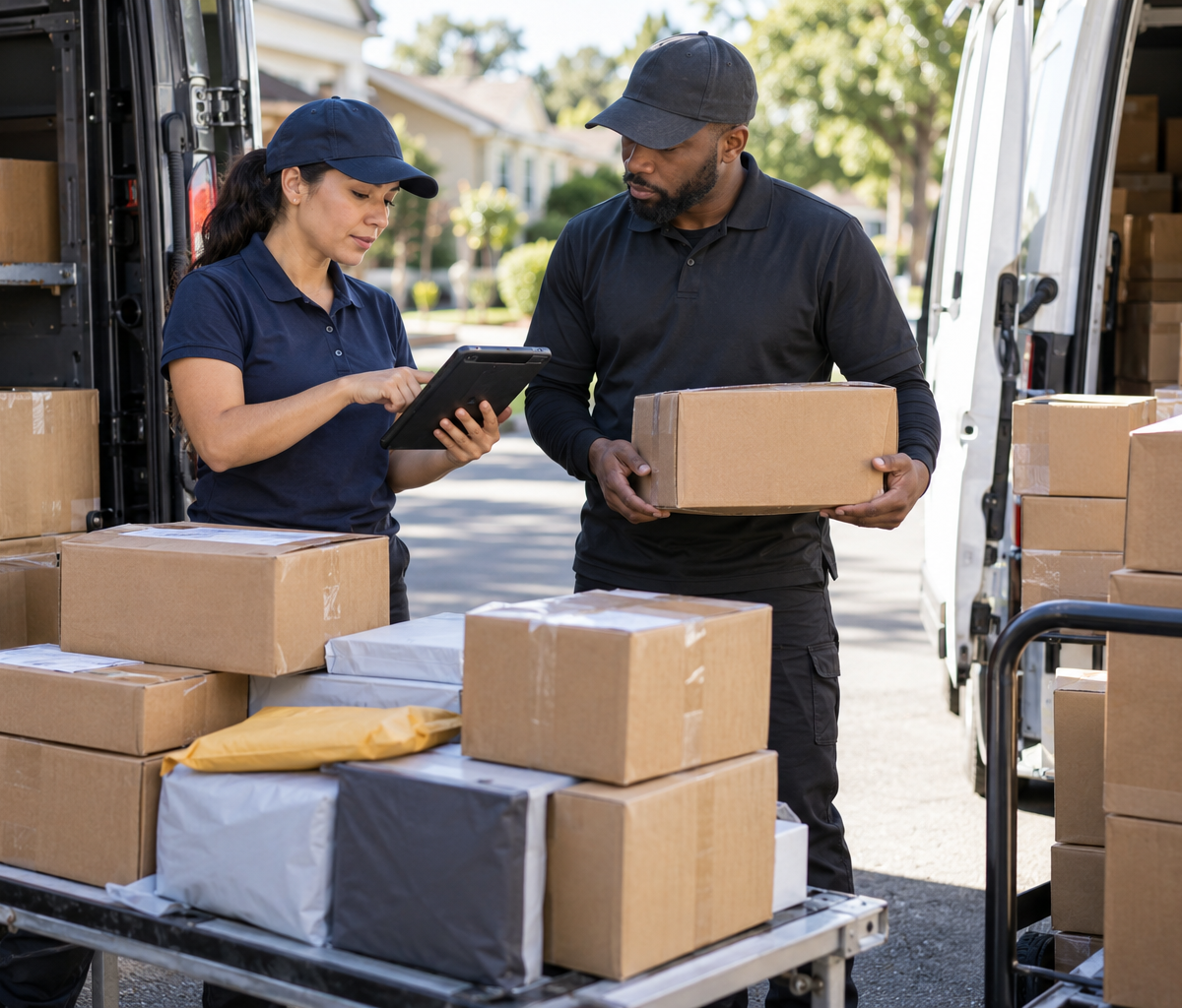 How drivers hand off a route to another driver: checking parcels before a driver-to-driver handoff.