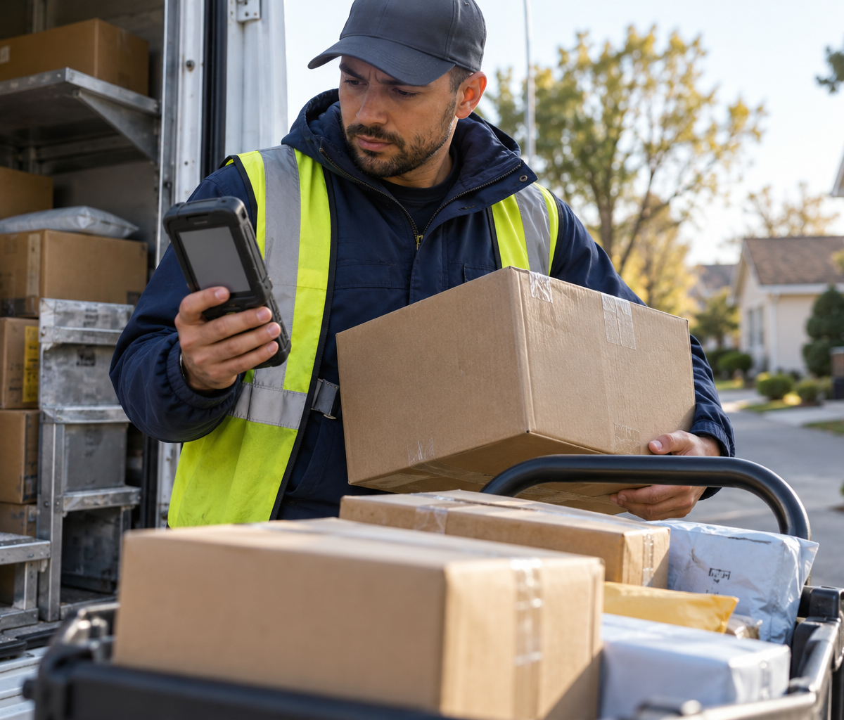 How drivers handle a device outage: considering a device problem while parcels remain on route.