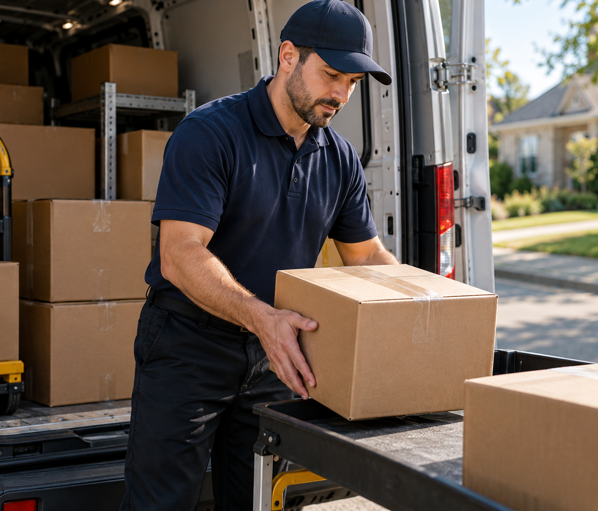 How drivers handle a package recall: removing an identified parcel from a van load.