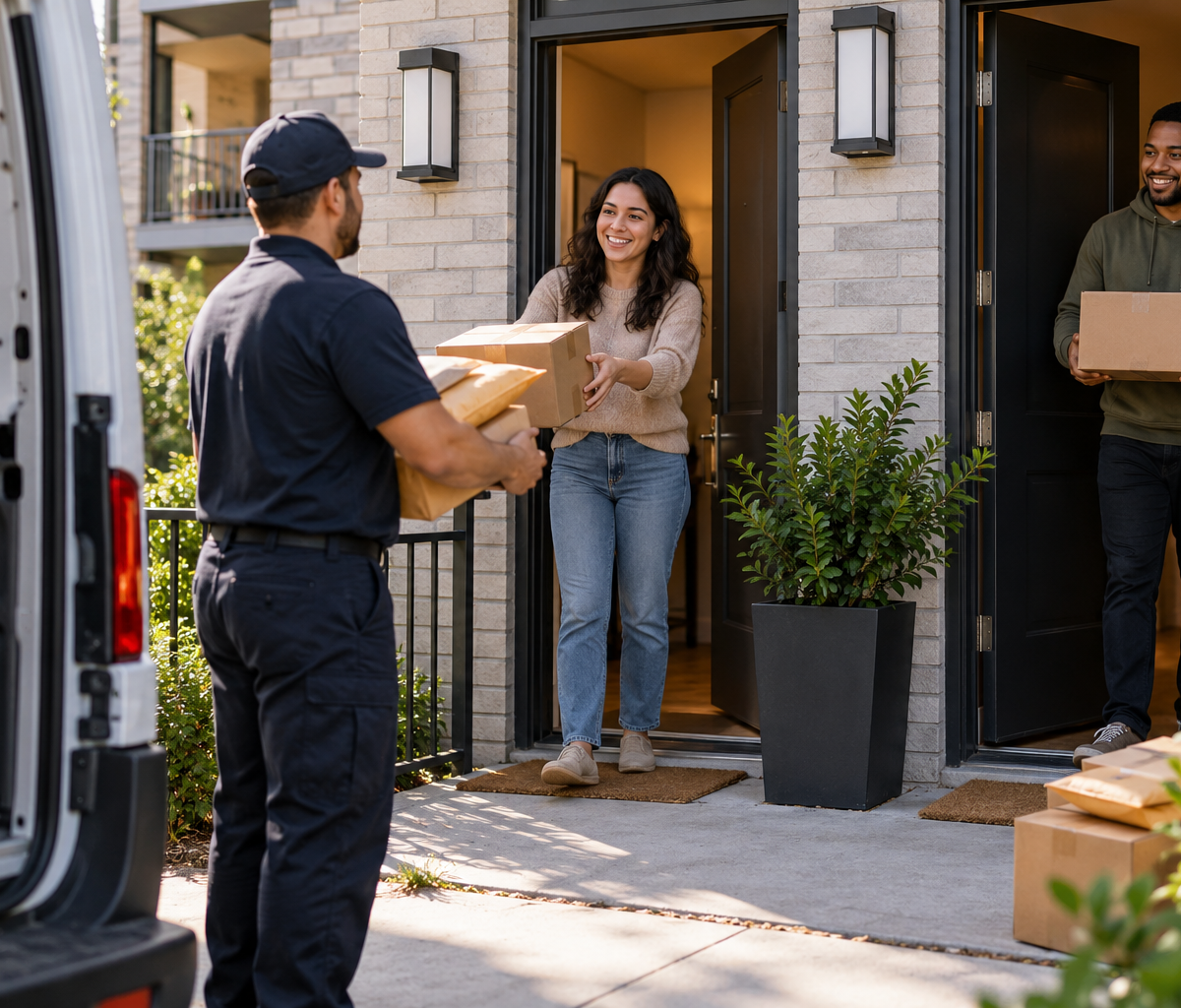 How drivers handle a route with duplicate addresses: checking parcels at a shared residential entrance.