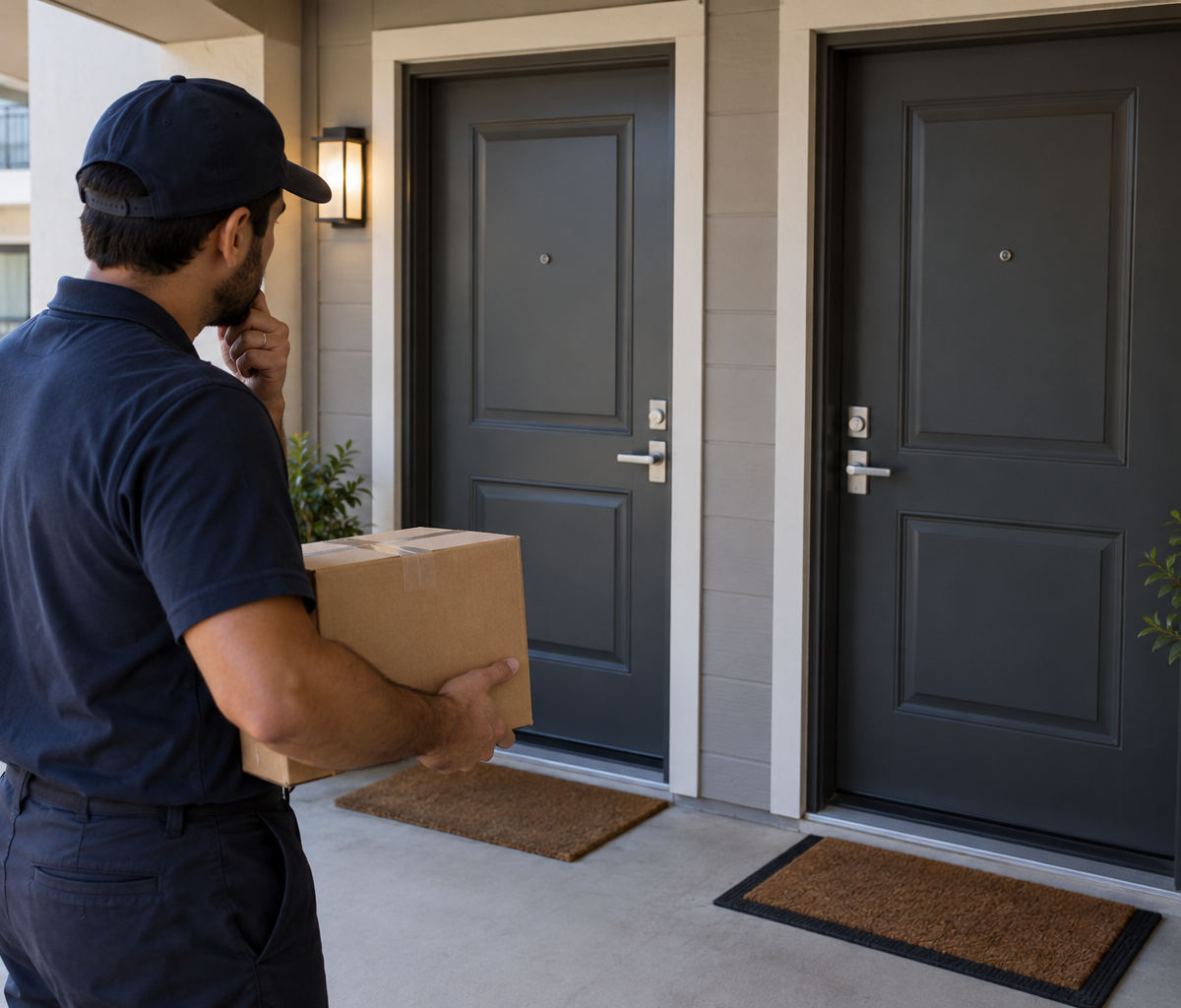 How drivers handle an incorrect apartment number: checking an apartment entrance before a handoff.