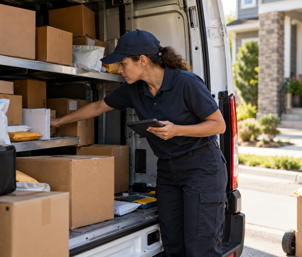 How drivers resolve a missing package at a stop: searching the van for an assigned parcel.
