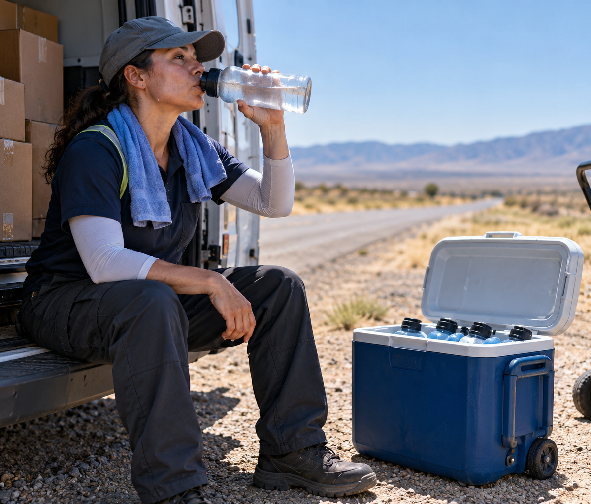 Checking heat-exposure protections: taking a water break beside a parked van.