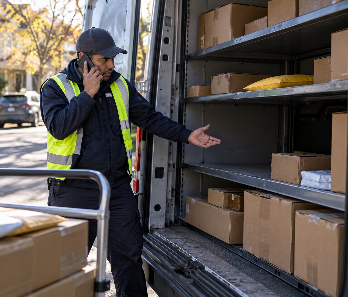 Checking package-theft response policy: reporting a missing parcel from a van load.