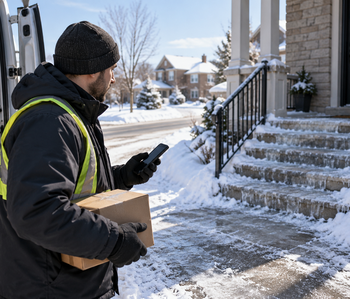 Checking severe-weather stop rules: assessing icy steps before attempting a handoff.