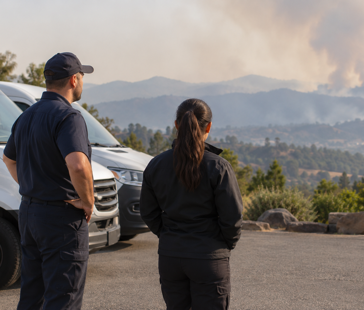 Checking smoke and air-quality rules: discussing smoke near a delivery service area.