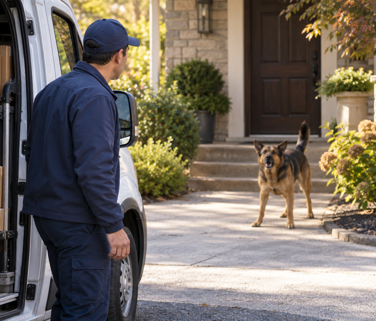 Checking support for aggressive-animal stops: remaining at a safe distance from a dog at the entrance.