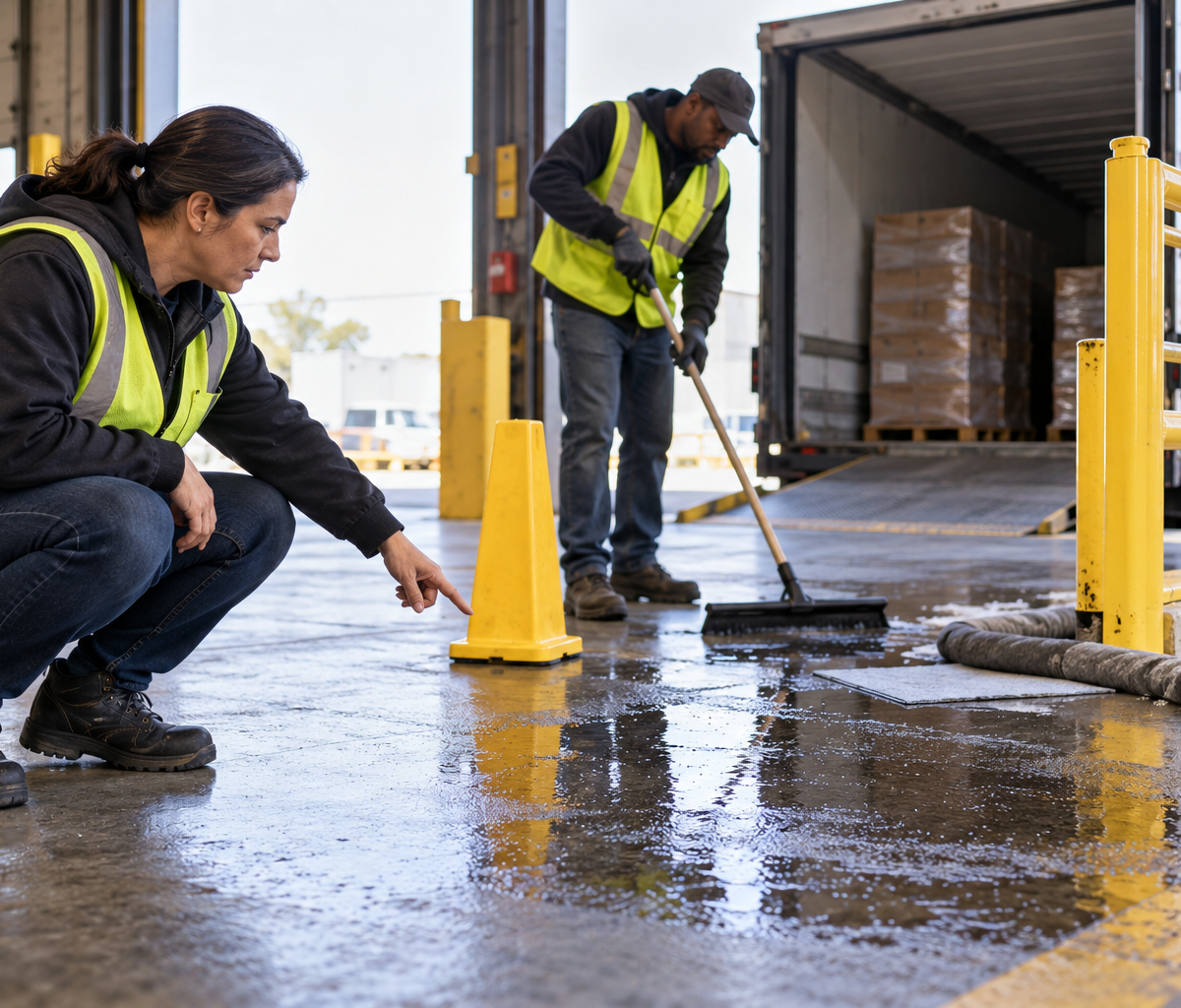 Checking slip-and-fall prevention in loading areas: identifying a wet floor beside a loading bay.