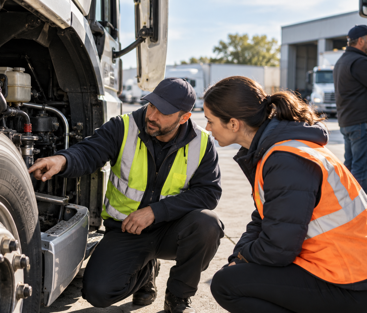 Checking vehicle defect reporting before accepting a role: examining a vehicle defect with a colleague.