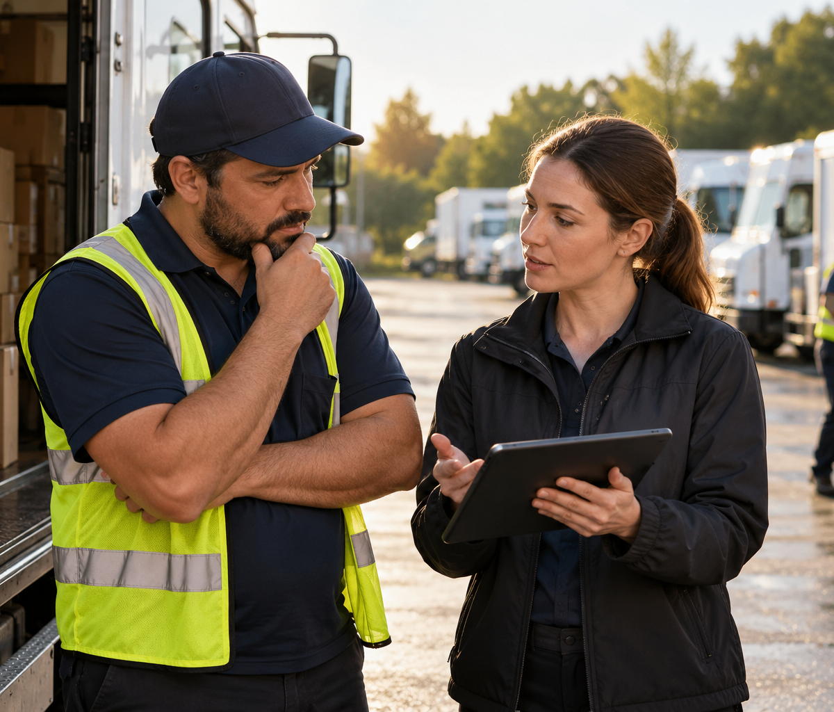 Clarifying extra-route acceptance: discussing a further route assignment at the depot.