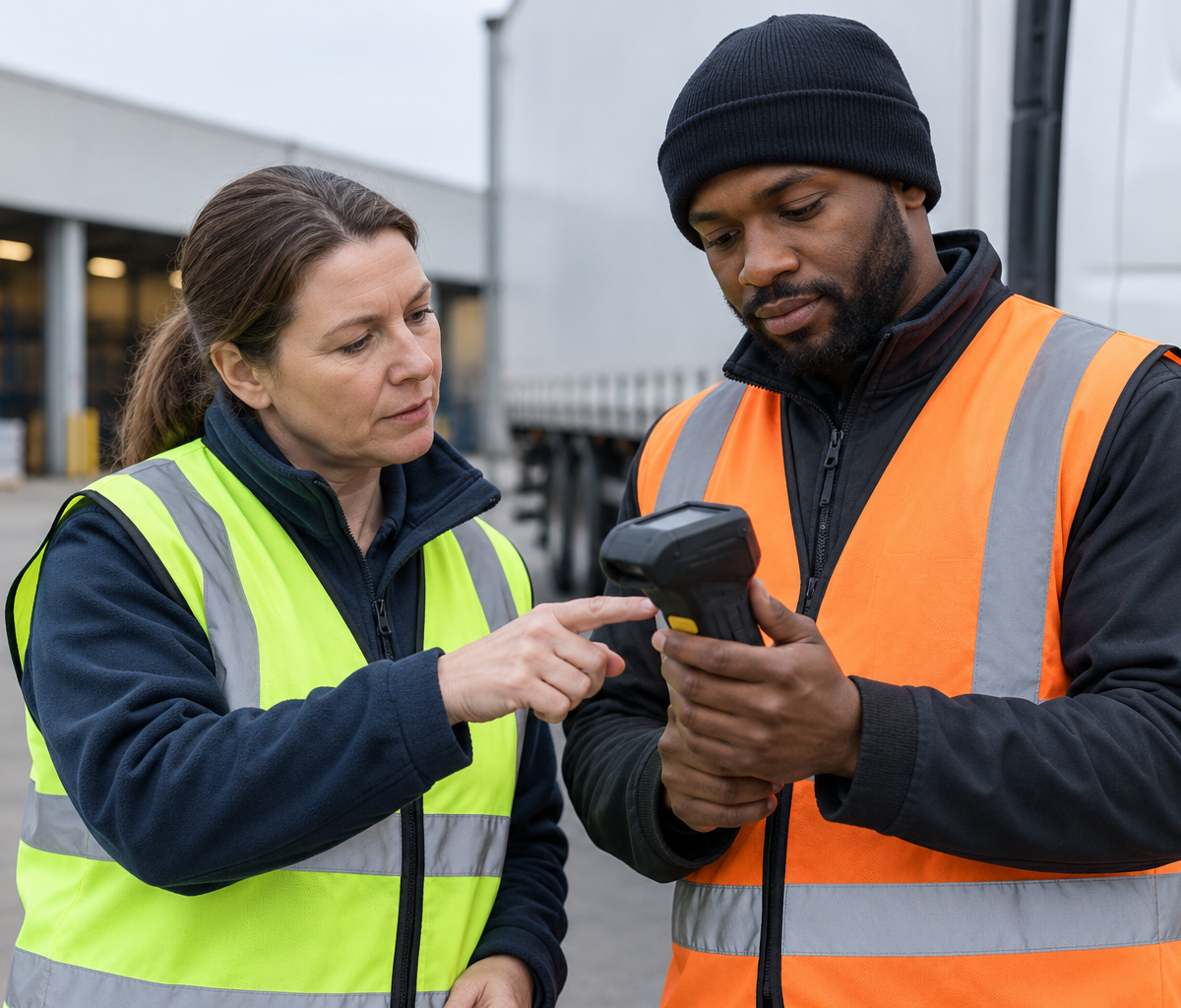 Clarifying pay deductions for equipment: checking a scanner during an equipment handoff.