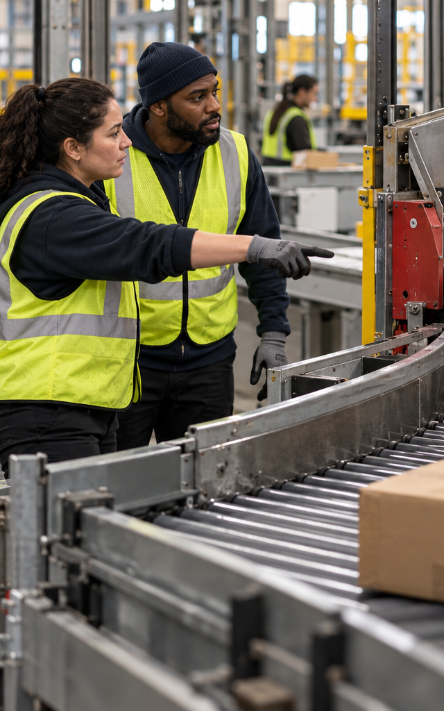 Prioritizing conveyor repair during a fulfillment shift: examining a stopped diverter and nearby parcel backlog.