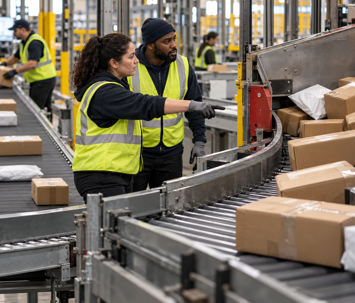 Prioritizing conveyor repair during a fulfillment shift: examining a stopped diverter and nearby parcel backlog.
