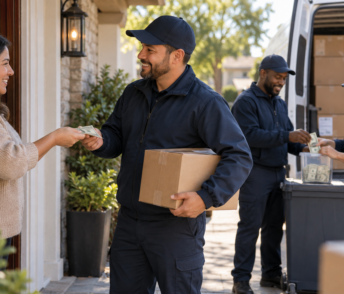 Clarifying tip handling in delivery roles: considering a customer's cash offer during a parcel handoff.