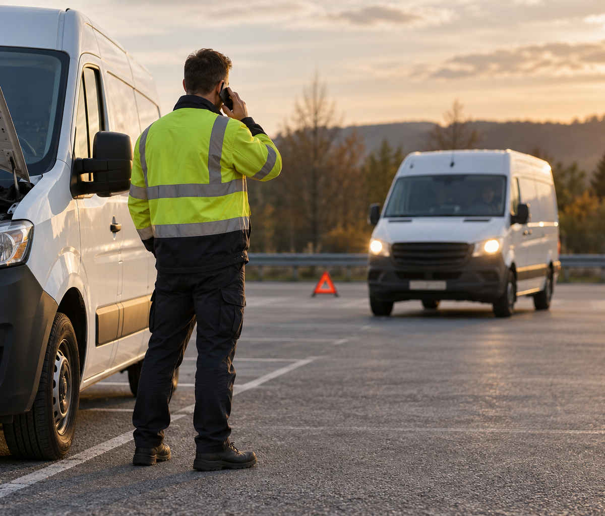 Clarifying vehicle-breakdown pay: waiting safely as a replacement van arrives.