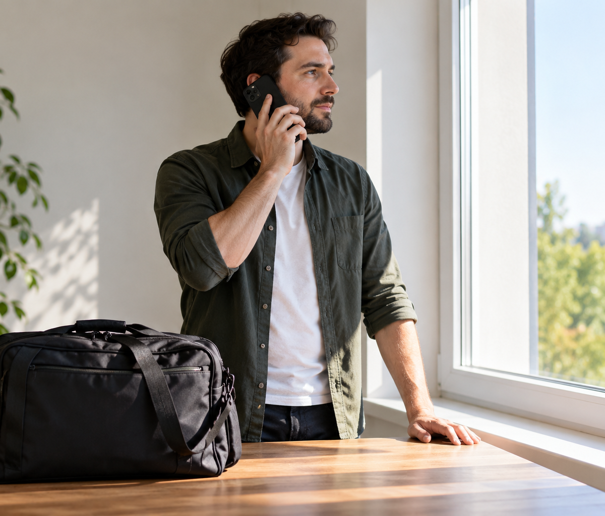 Respond to a conditional delivery-role offer while screening is pending: waiting for further hiring information beside a packed work bag.