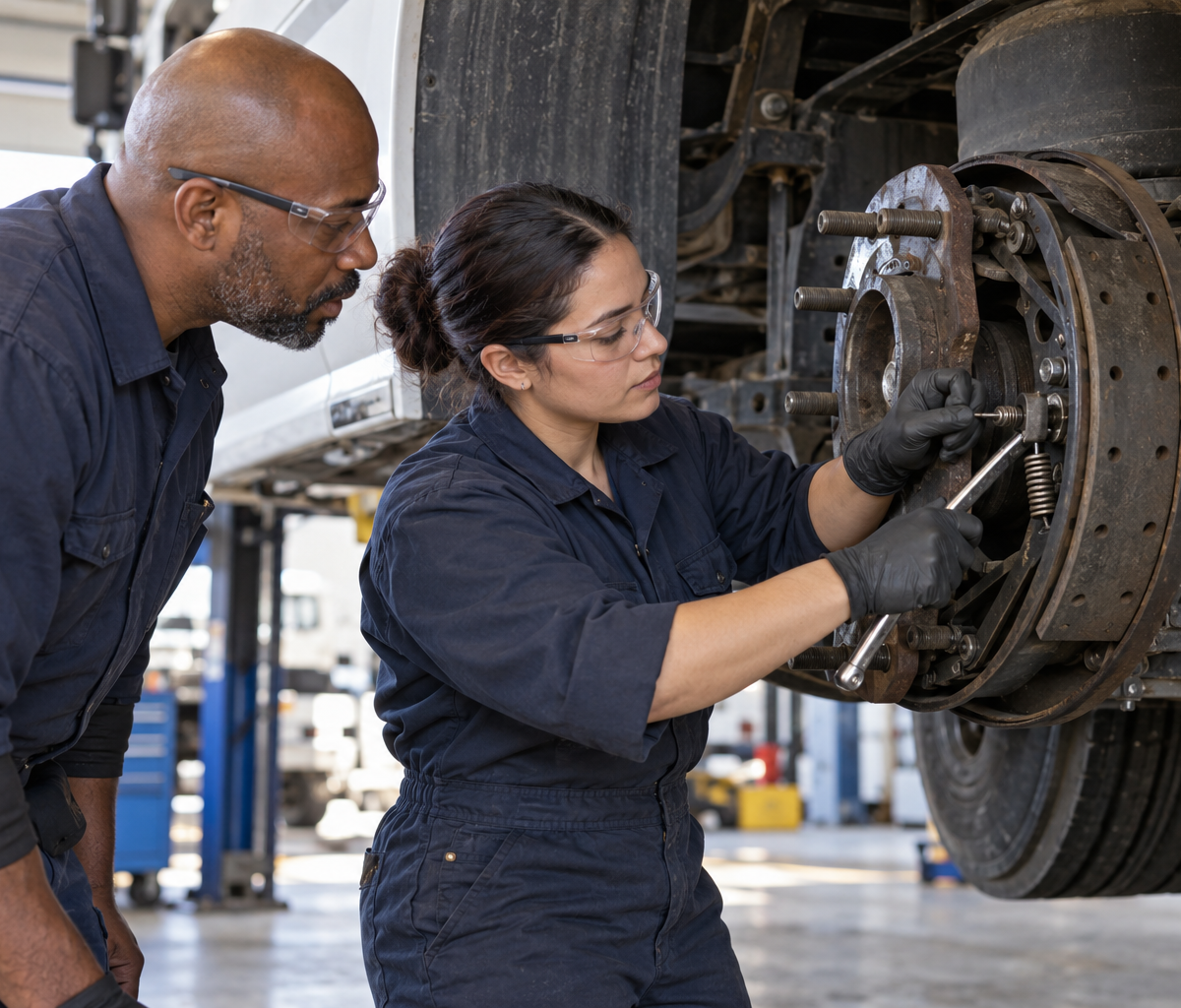 A fleet-technician qualification check for a live opening: demonstrating brake inspection with an experienced mechanic.