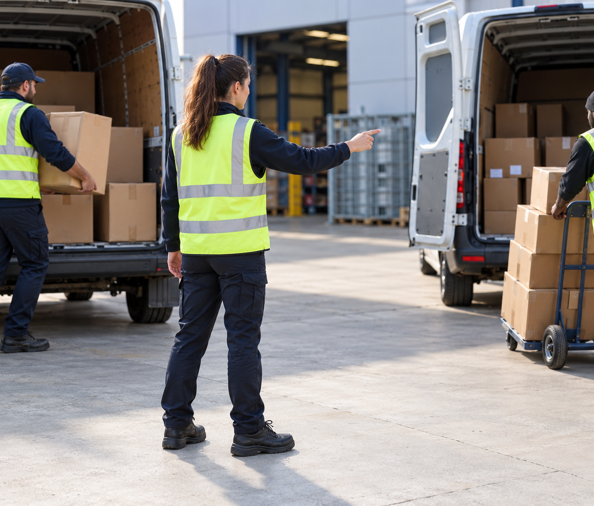 A route-planner work sample for a live opening: directing parcel groups toward two available vans.