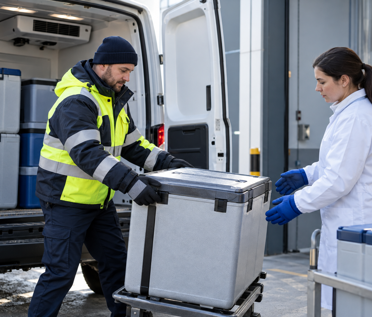 temperature-controlled delivery work: checking an insulated load before a careful handoff.