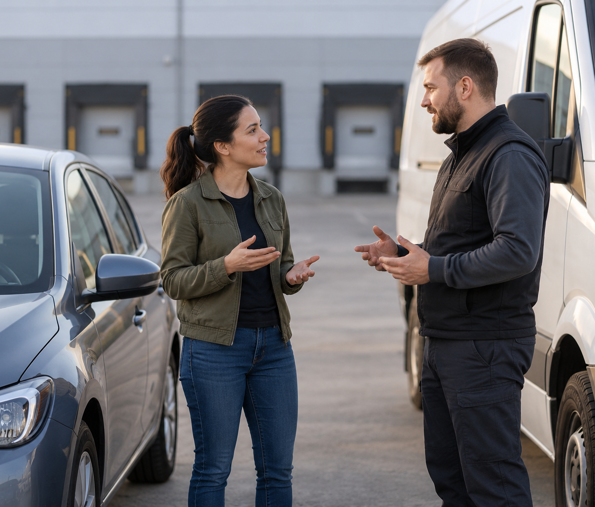 commercial-driving history versus ordinary driving history: discussing personal and commercial driving experience beside two vehicles.