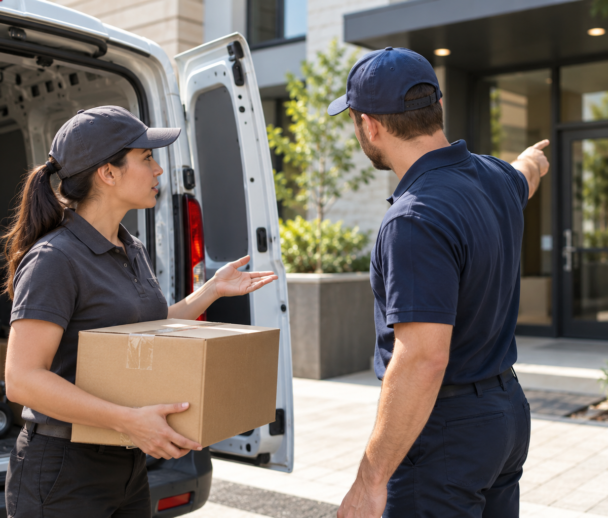 language requirements in driver listings: practicing a spoken parcel-handoff instruction.