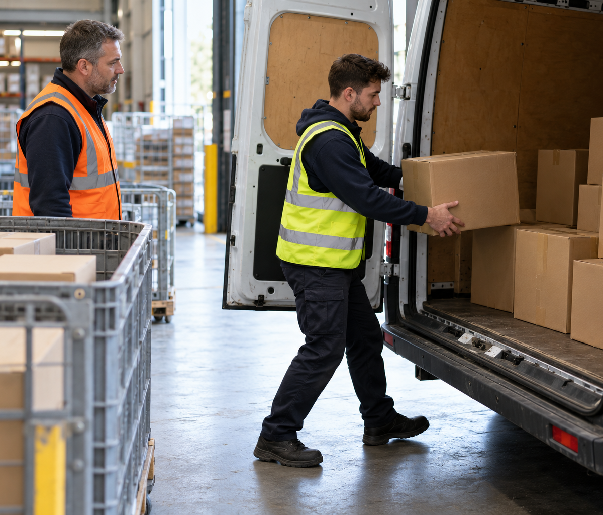 warehouse experience for delivery roles: demonstrating warehouse-to-van parcel handling.