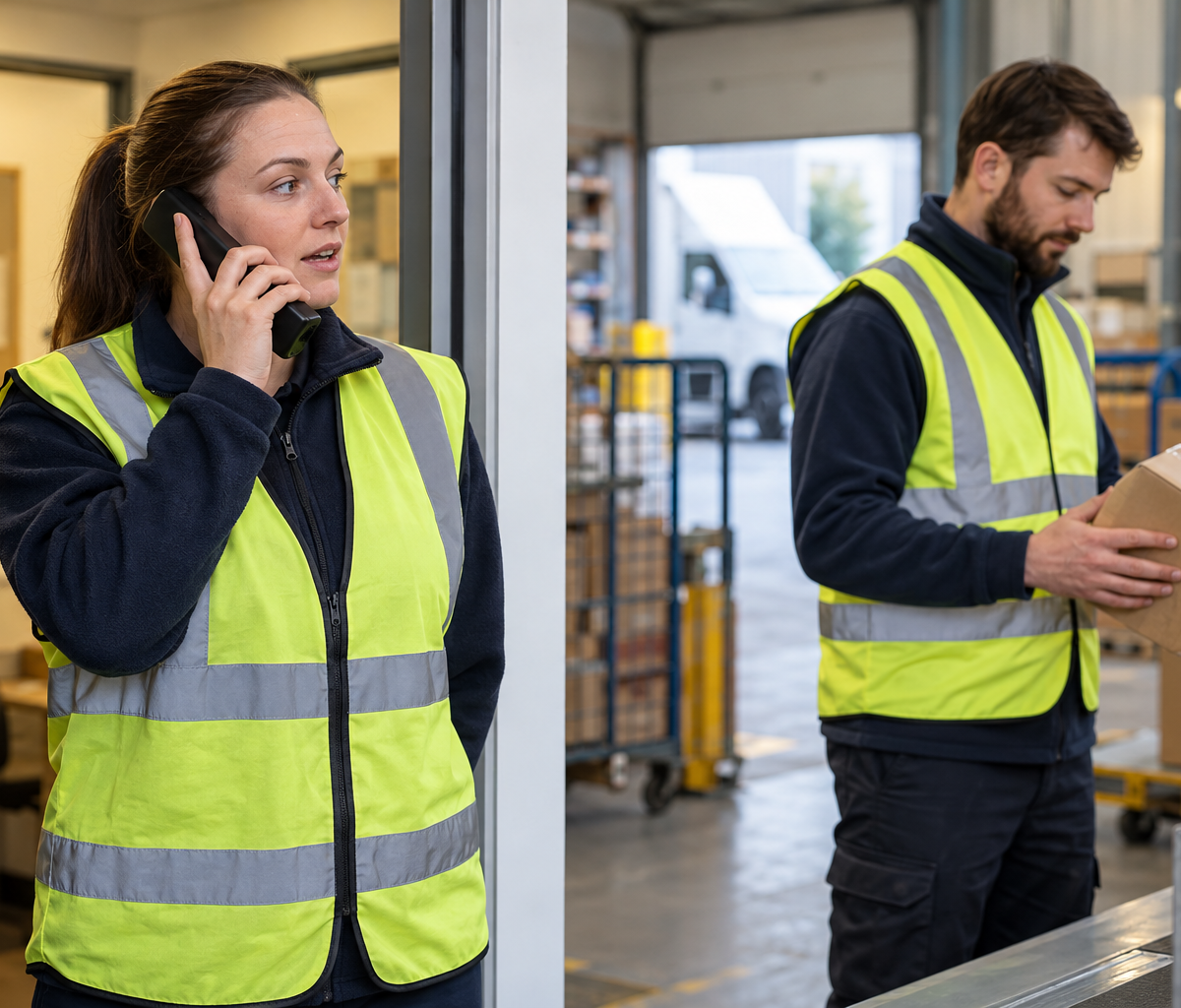 customer delivery-support work: discussing a parcel case with delivery support.