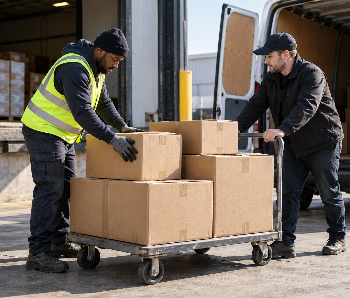dock-to-route handoff coordination: checking a parcel cart together before van loading.