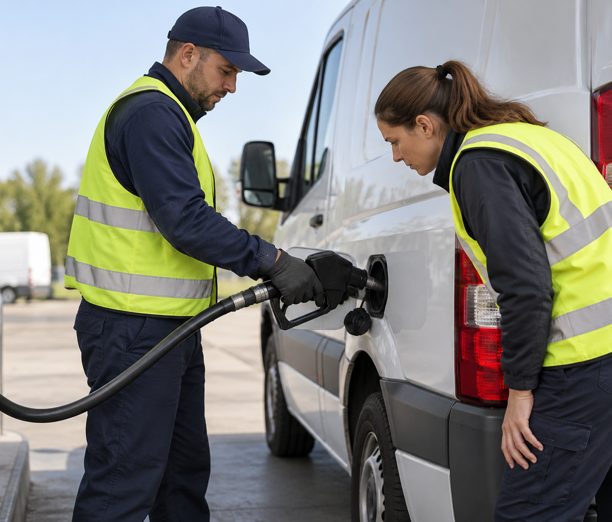 fuel-management work: checking a van during a fuel stop.