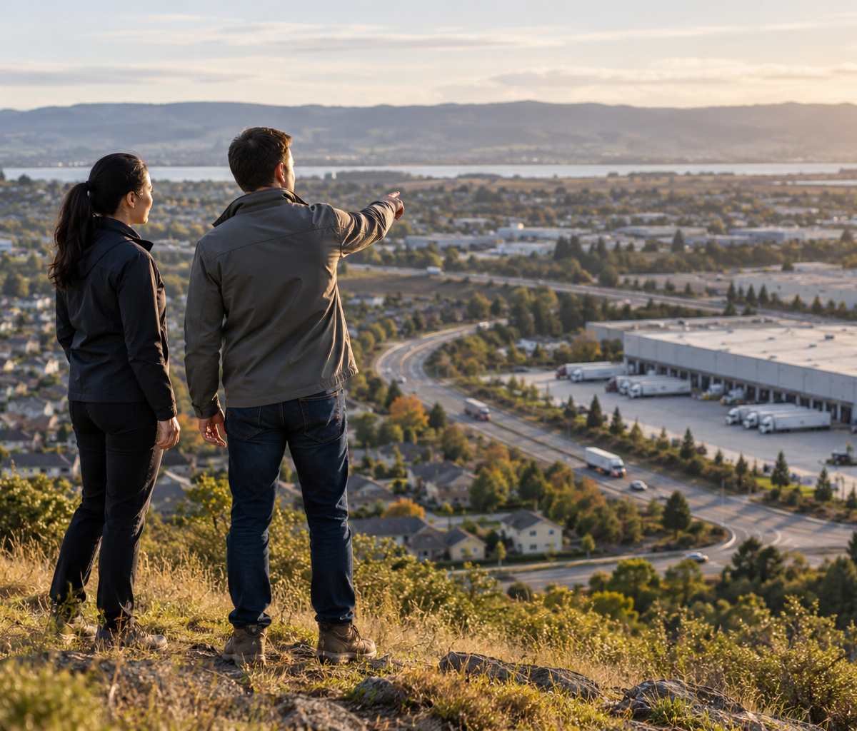 last-mile network planning work: assessing neighborhoods and delivery coverage from an overlook.