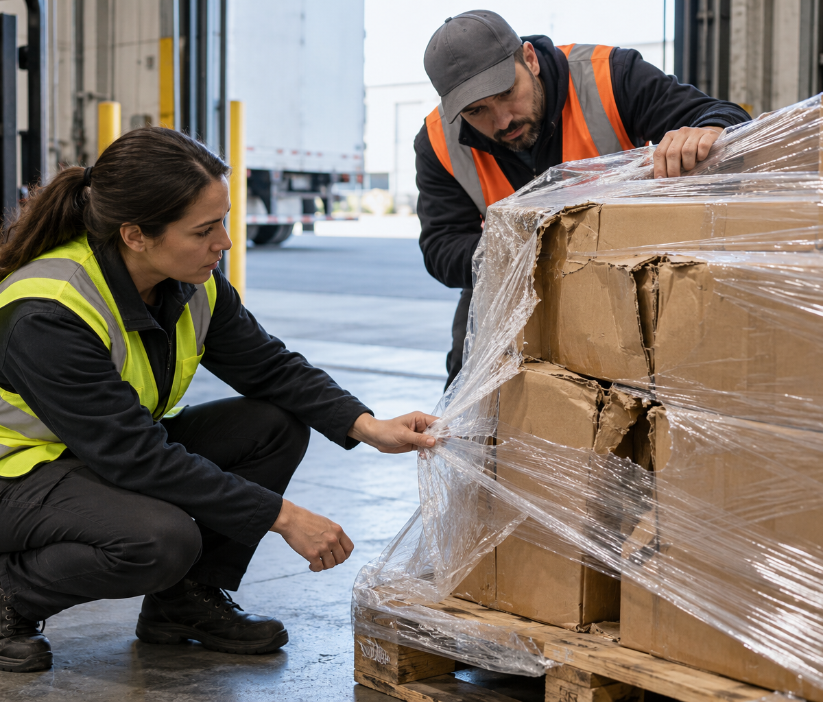 transport claims work: inspecting damaged wrapping and cartons on a pallet.